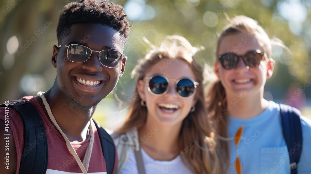 Diverse student with fancy cloth and vibrant color accessory looking at camera while taking a photo with diverse friends and blurring background. Friendship, bonding, multicultural concept. AIG53. Diverse student with fancy cloth and vibrant color accessory looking at camera while taking a photo with diverse friends and blurring background. Friendship, bonding, multicultural concept. AIG53.
