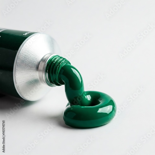 Emerald acrylic paint oozes luxuriously from a white tube, isolated on a pure white background in a close-up premium professional product photo.