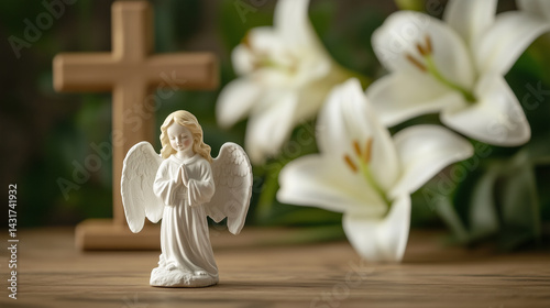 Funeral card, small figurine of a white angel, christian cross and white lilies in background. Mockup for death card, condolences.