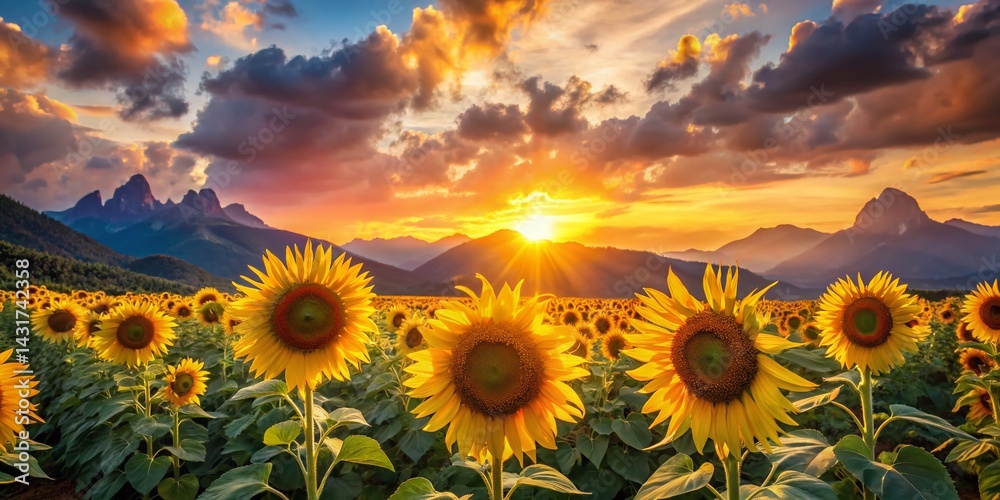 Fototapeta premium Majestic Sunset Sunflower Field with Mountain Backdrop - Vibrant Summer Landscape Photography