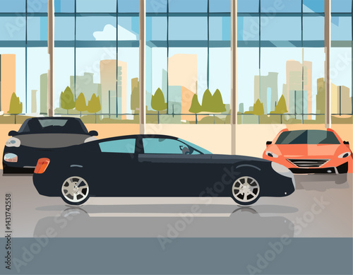 A sleek black car, which is currently parked in front of an impressively large window, is showcasing its elegant design and remarkable sophistication in style