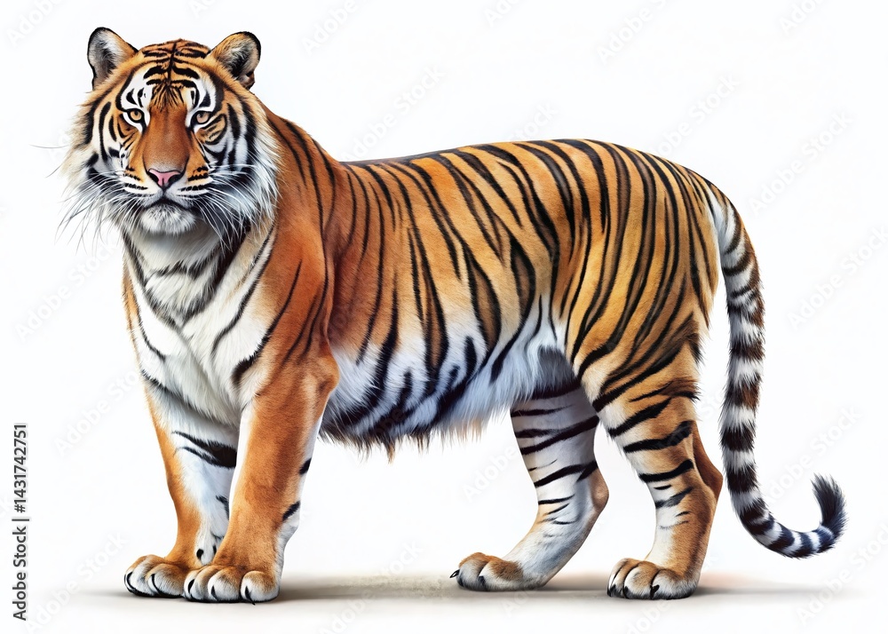 Obraz premium Majestic Tiger Side Profile, Full Length, White Background - Wildlife Animal Illustration