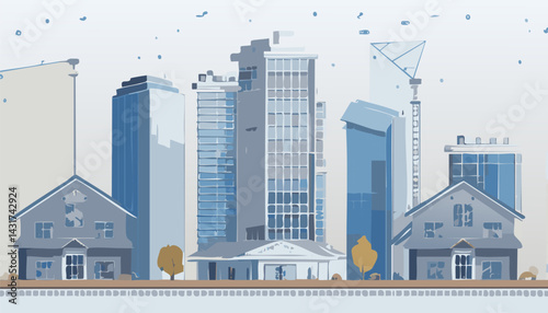 The stunning image artfully showcases a vibrant city skyline filled with tall buildings, green trees, all set against a bright, eyecatching white background