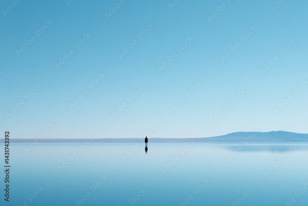Fototapeta premium capture serene reflection of solitary figure standing by calm lake under clear sky