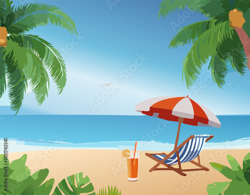 On the serene and picturesque beach, a comfortable chair and a refreshing drink await you, perfect for enjoying the warm sun and gentle waves
