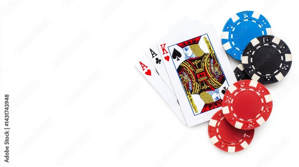 Obraz premium Close-up of poker cards and colorful chips on a white background, perfect for showcasing card games and gambling fun.