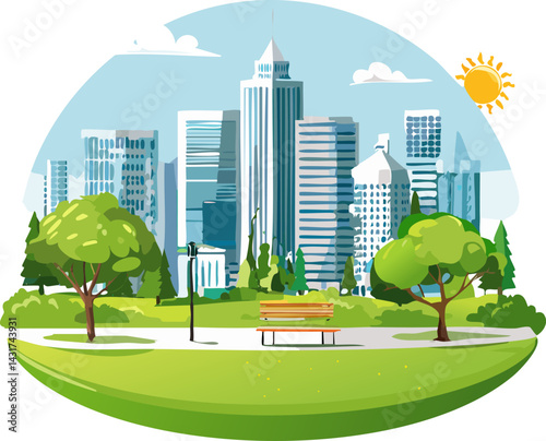There is a beautiful park featuring a comfortable bench and lush trees, all set against the stunning backdrop of a city skyline filled with buildings