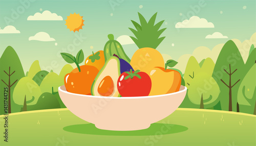 A stunningly designed bowl that is overflowing with an array of fresh fruits and vibrant vegetables, all skillfully depicted in an enchanting pixel art style