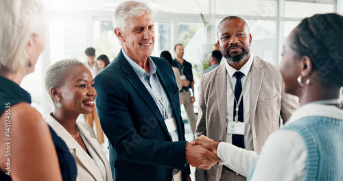 Fotografia Conference, handshake and networking with business people at event for global forum, investor summit and meeting