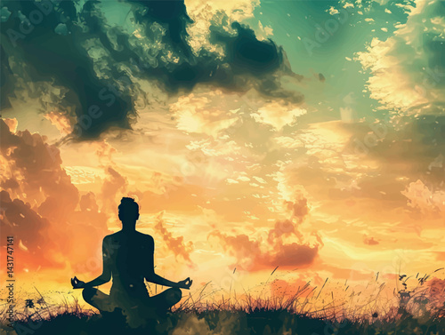 Yoga class template layout. Illustration of a silhouette of a woman in a yoga lotus position. Relaxation, chakras, spiritual meditation art. Yoga art concept design for banner, cover, print, flyer.