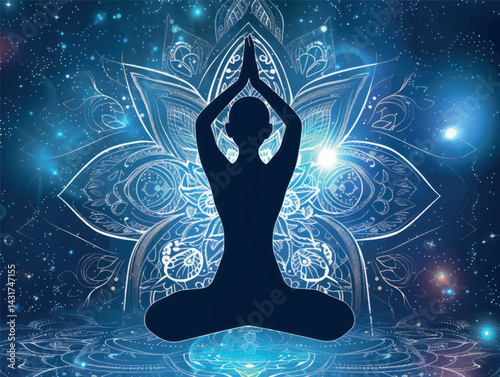 Yoga class template layout. Illustration of a silhouette of a woman in a yoga lotus position. Relaxation, chakras, spiritual meditation art. Yoga art concept design for banner, cover, print, flyer.