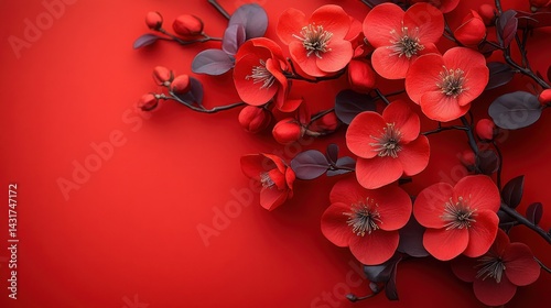 Vibrant red blossoms on a deep red background