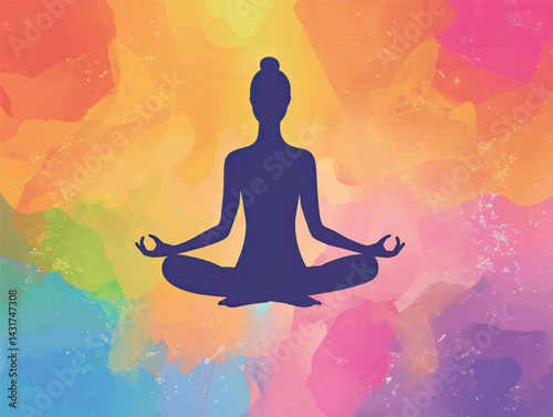 Yoga class template layout. Illustration of a silhouette of a woman in a yoga lotus position. Relaxation, chakras, spiritual meditation art. Yoga art concept design for banner, cover, print, flyer.