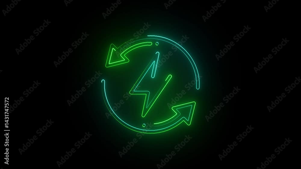 Neon line battery charging power icon. Lightning bolt sign in the circle. Neon glowing battery charging icon. Neon line battery charging power icon. Lightning bolt sign in the circle. Neon glowing battery charging icon.