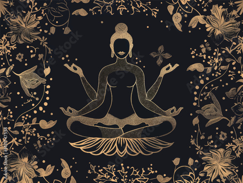 Yoga class template layout. Illustration of a silhouette of a woman in a yoga lotus position. Relaxation, chakras, spiritual meditation art. Yoga art concept design for banner, cover, print, flyer.
