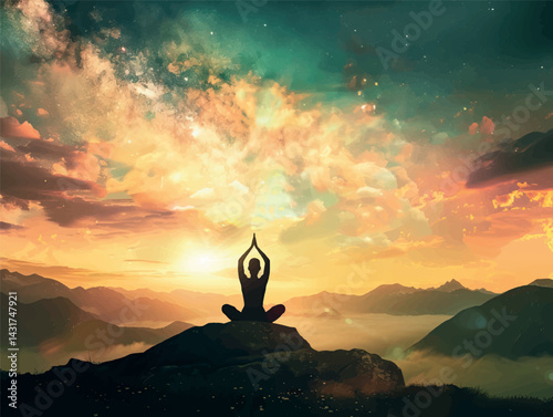 Yoga class template layout. Illustration of a silhouette of a woman in a yoga lotus position. Relaxation, chakras, spiritual meditation art. Yoga art concept design for banner, cover, print, flyer.