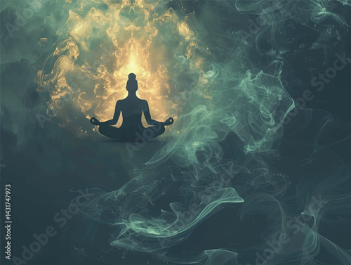 Yoga class template layout. Illustration of a silhouette of a woman in a yoga lotus position. Relaxation, chakras, spiritual meditation art. Yoga art concept design for banner, cover, print, flyer.