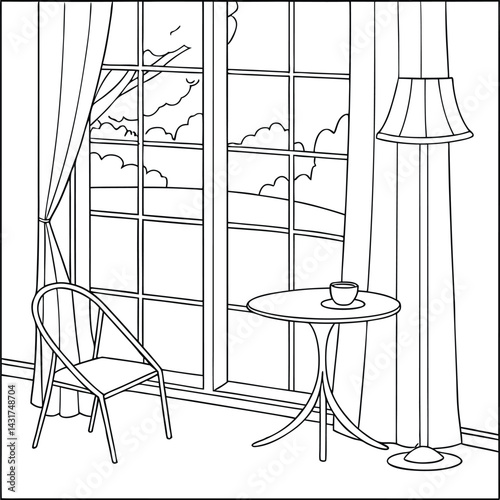 sketch of a chair in a room by view rom window a coloring page for kids and adults

