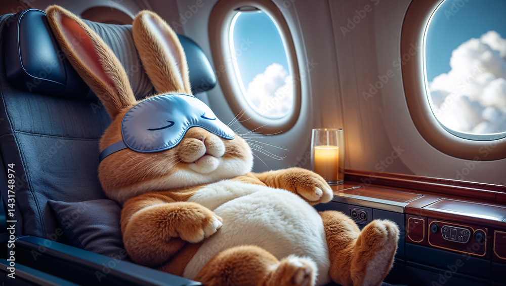 cute cartoon rabbit sleeps with sleep mask on plane