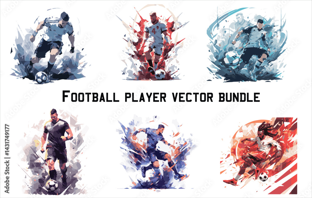 Football player vector bundle , Soccer , Soccer player emblem , Multiple images of a man playing football, Silhouettes of soccer player