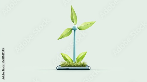 A green plant growing from a smartphone, symbolizing technology and nature fusion in a digital age.