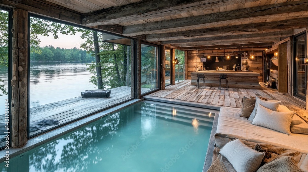 Fototapeta premium Lakeside Cabin Pool with Lake Views