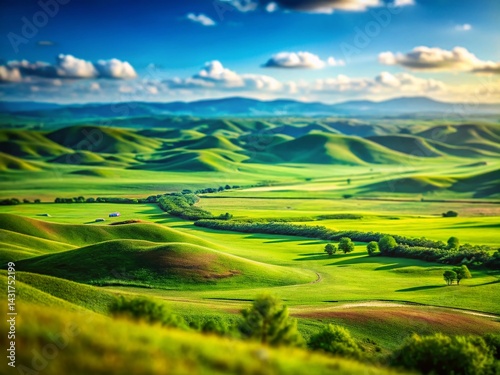 Miniature Inner Mongolia Grassland: Rolling Hills & Blue Sky Tilt-Shift Photography