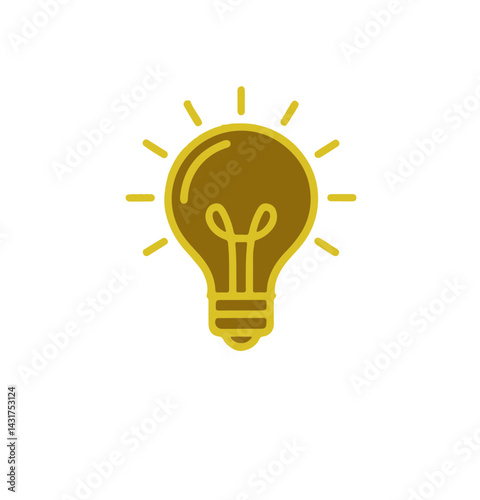Gold Shining Lightbulb Icon Vector Illustration. Bright filled graphic symbol representing idea, creativity, innovation, energy, success, and solution. Modern yellow lamp pictogram isolated on white