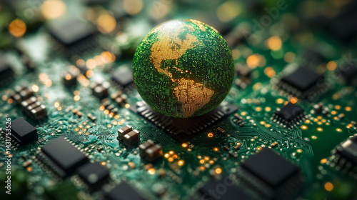 A 3D circular globe formed from circuit board microchips symbolizes the interconnected digital world, the global impact of electronics, and the core role of technology in modern civilization.

