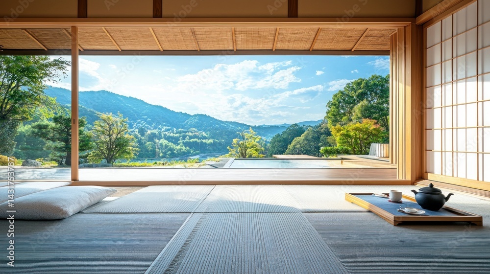 Fototapeta premium Japanese Zen Room with Mountain View
