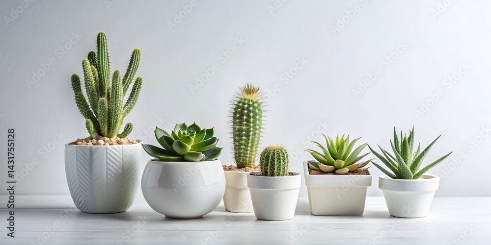 Fototapeta premium Mini Cactus & Succulent Collection in Modern Ceramic Vase - White Background