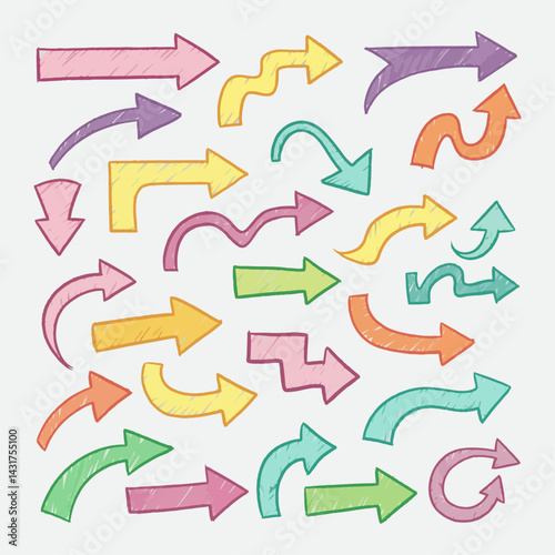 Collection of colorful hand drawn arrows pointing in various directions on a light gray background