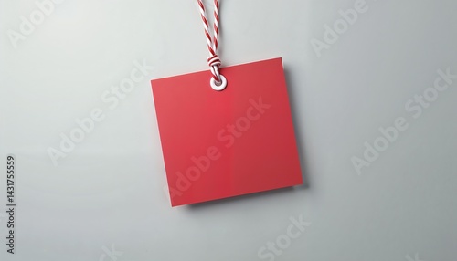 Blank Red Tag Hanging on String Against Light Background  