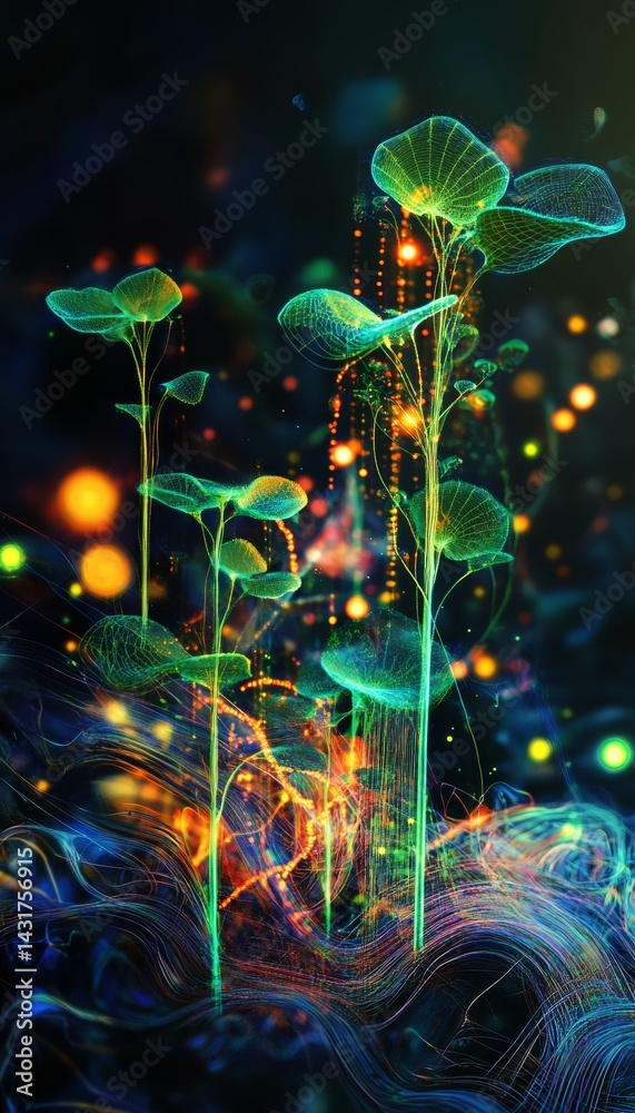 Futuristic biotech plants glowing seedlings showcasing enhanced vitamins in a digital landscape