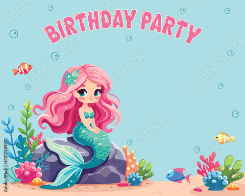 Birthday invitation with beautiful mermaid girl with beautiful eyes sitting on a rock with sea plants and fish. Vector Illustration on blue background in Flat style