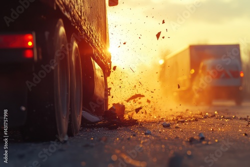 Truck crash on road with sunset and debris