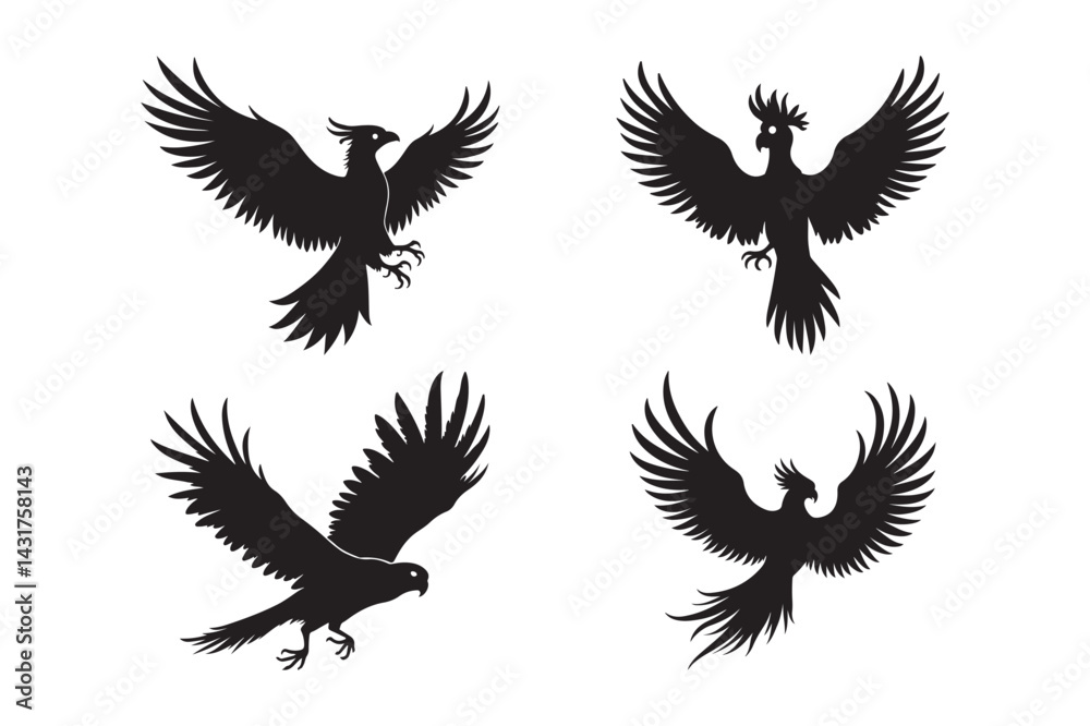 Fototapeta premium Eagle and Phoenix Silhouette Vector Set Majestic Flying Bird Clipart Collection