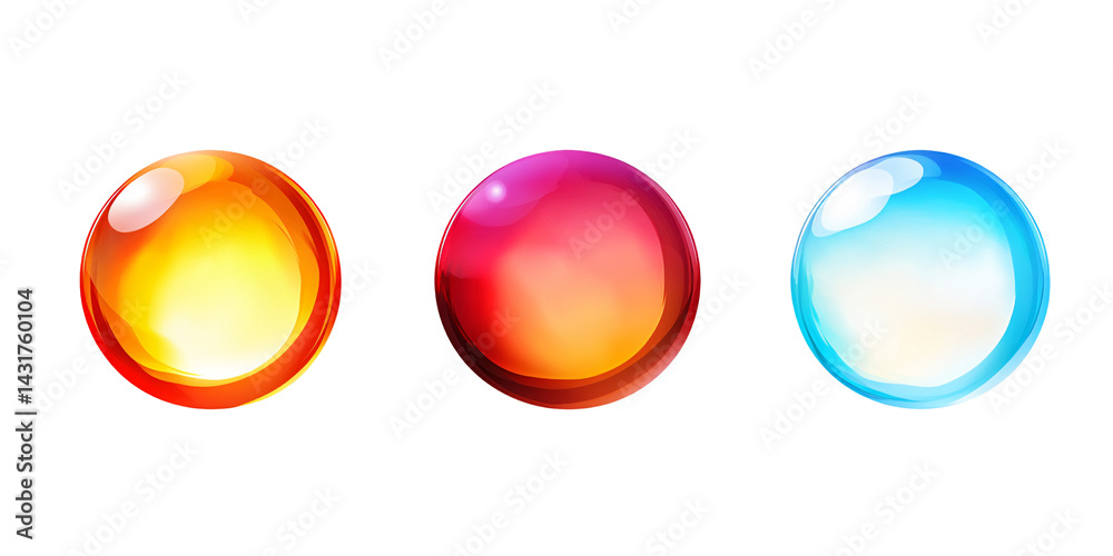 Fototapeta premium Three vibrant glossy spheres, orange, red, and blue, isolated on a transparent background Concept of colorful design elements, abstract shapes, and modern graphic resources