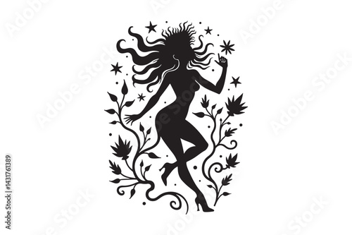 Mystical Woman Silhouette with Nature and Stars Fantasy Vector Illustration