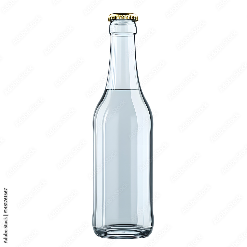 A clear glass bottle filled with water, standing upright against a plain background, ideal for beverage-related imagery A clear glass bottle filled with water, standing upright against a plain background, ideal for beverage-related imagery