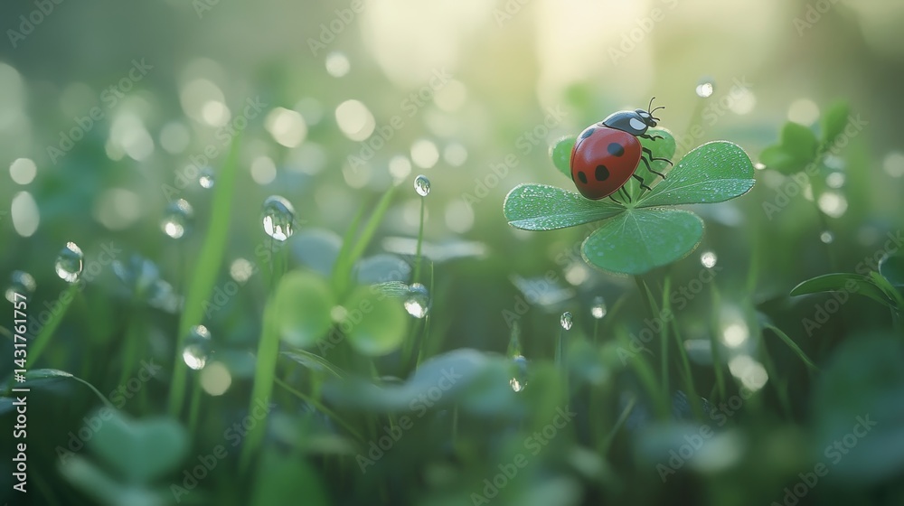 A delightful ladybug on a dewy four leaf clover, showcasing nature s beauty in serene harmony