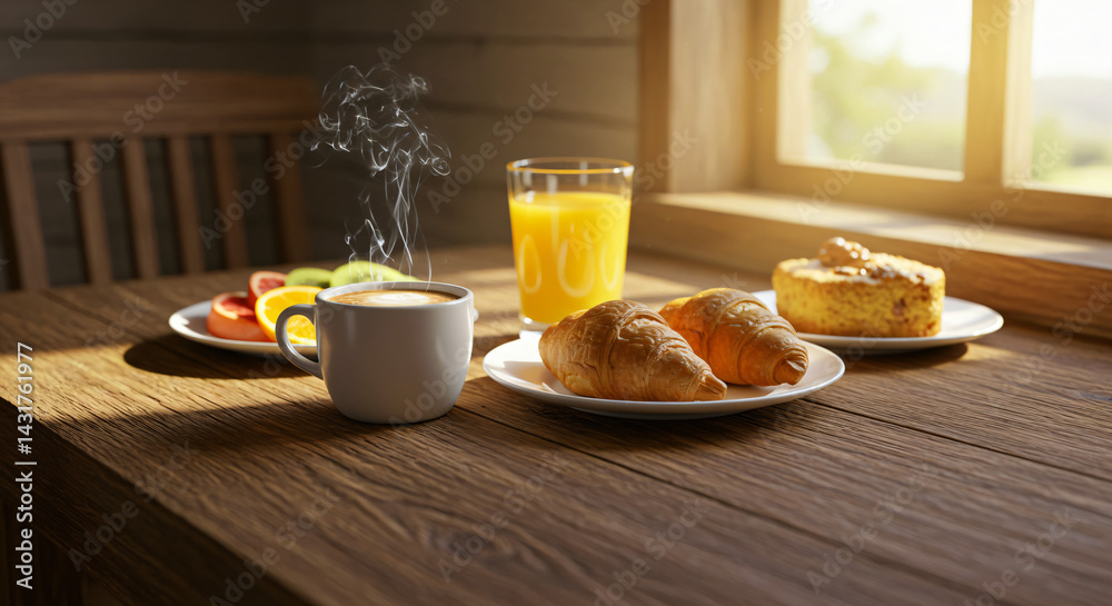 Cozy breakfast scene on a wooden table near a window with sunlight streaming in. There are plates with food, including sliced fruits, croissants, and a pastry or quiche. Cozy breakfast scene on a wooden table near a window with sunlight streaming in. There are plates with food, including sliced fruits, croissants, and a pastry or quiche.