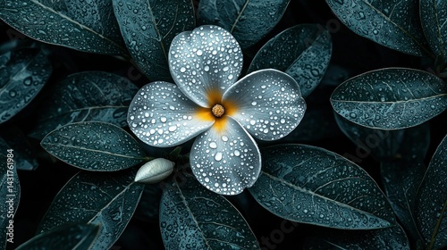 Delicate white flower with water droplets on dark leaves
