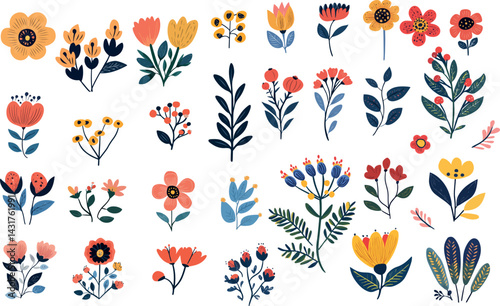 Set of hand-drawn folklore vector flowers