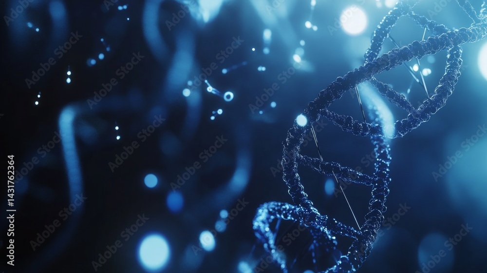 Dna helix and genetic structures on a blue background symbolizing biotechnology and health