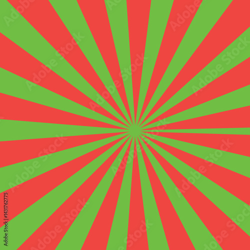 Square retro background with rays. Christmas background with red and green stripes.