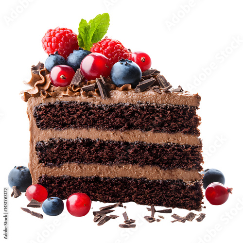 A delectable slice of rich chocolate cake adorned with fresh raspberries, blueberries, and mint leaves, perfect for dessert lovers