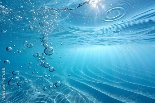 blue water background, underneath water bubbles, bubbles on tge surface of the sea water ber sky reflation in the sea water  photo