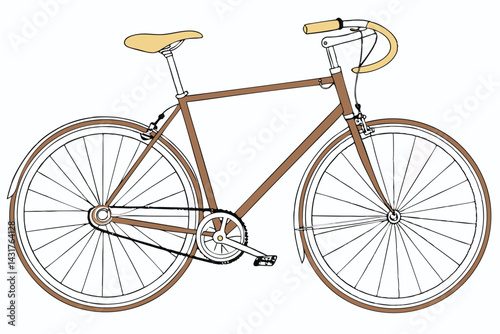 36 Vintage bicycle, orange frame, yellow leather seat, silver handlebars, thin tires, classic design, minimalist, retro style, urban commuter bike, single-speed, clean lines, simple elegance, muted co