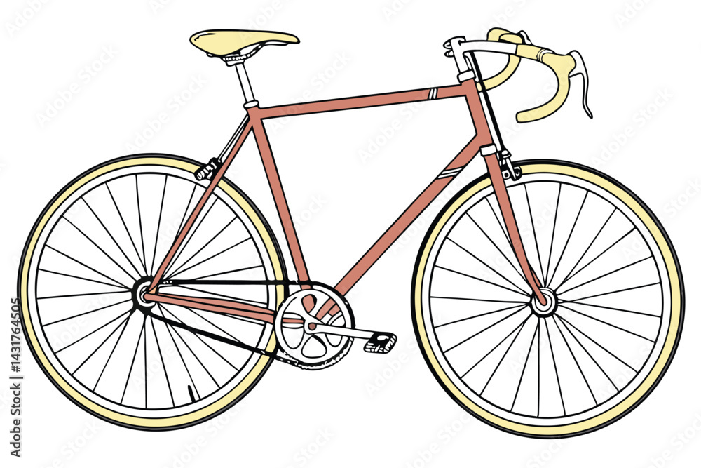Obraz premium 36 Vintage bicycle, orange frame, yellow leather seat, silver handlebars, thin tires, classic design, minimalist, retro style, urban commuter bike, single-speed, clean lines, simple elegance, muted co